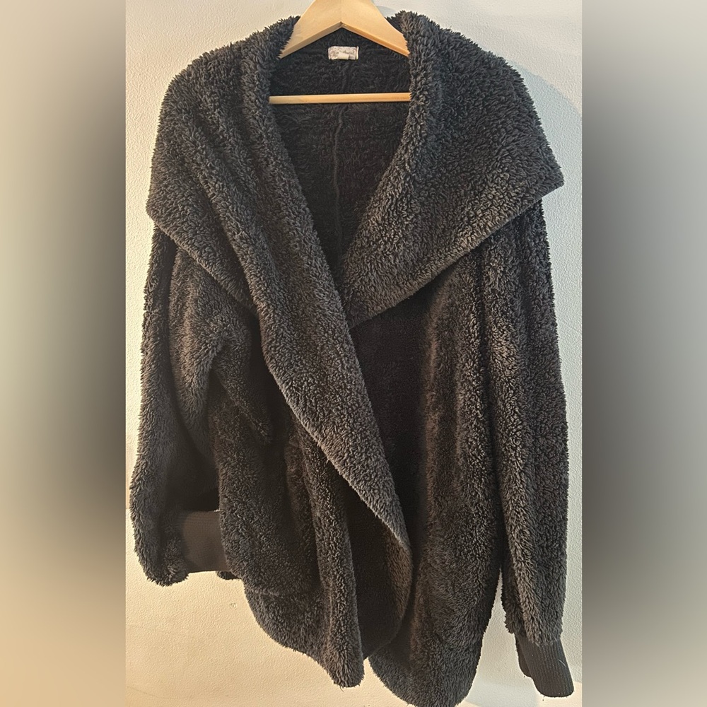 EUC Hem & Thread Black Oversized Teddy Hooded Open Jacket